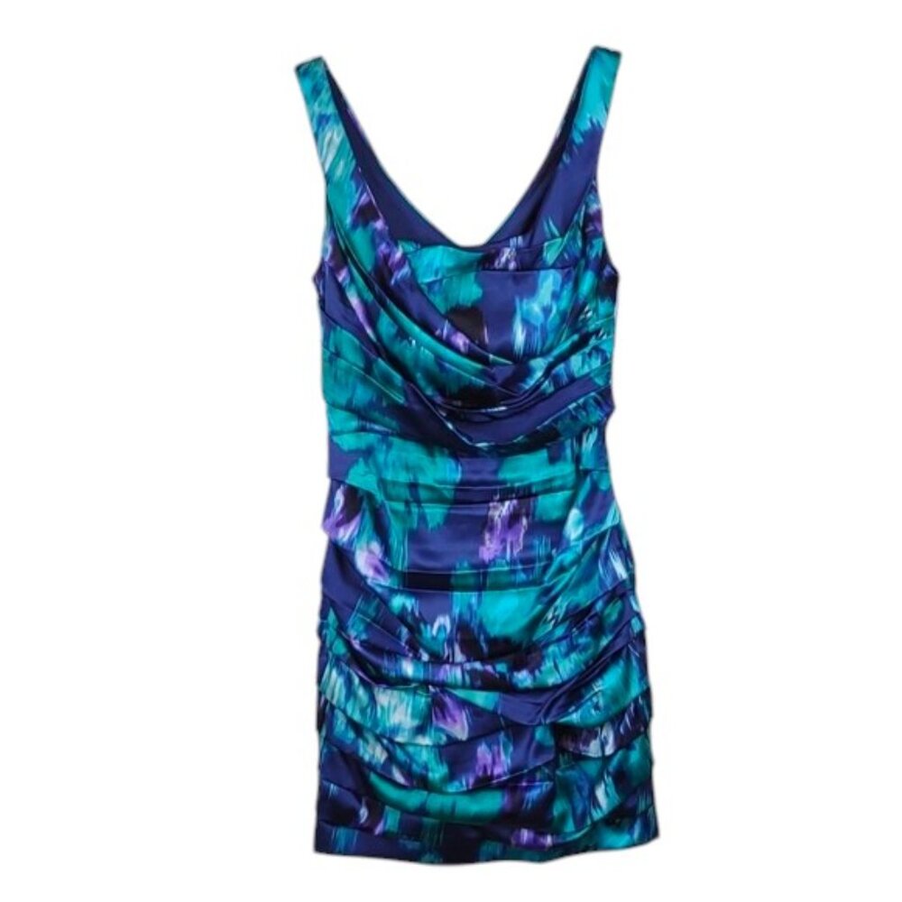 Express Design Studio Watercolor Silk Ruched Sleeveless Fully Lined Dress